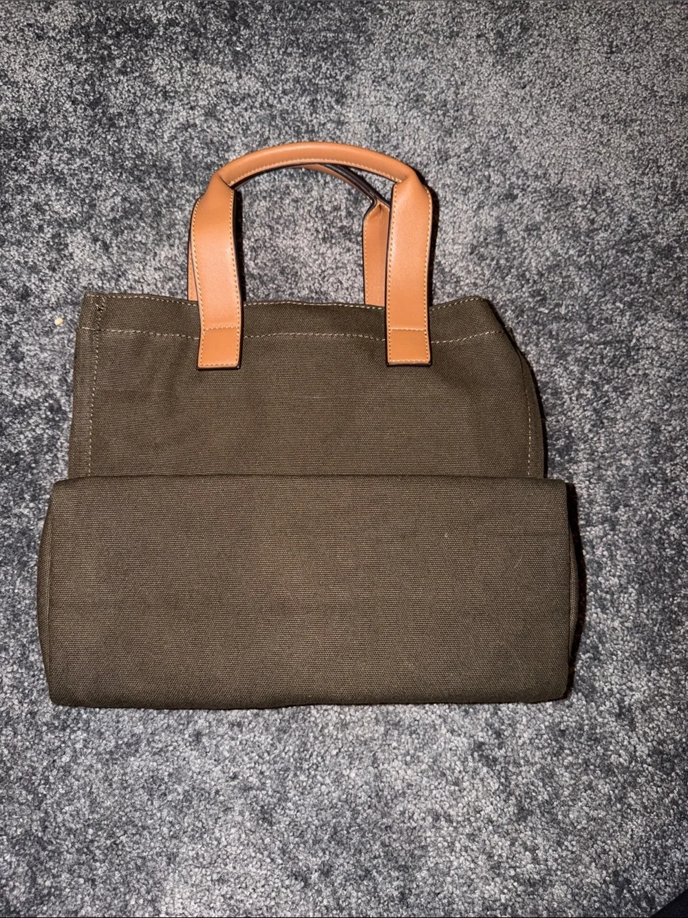 True Religion Brown Canvas Tote with Tan Leather Handles and Red Logo Patch